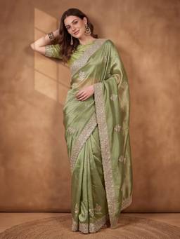 Jaipur Kurti - Green Gold Crush Intricate Embroidered Saree