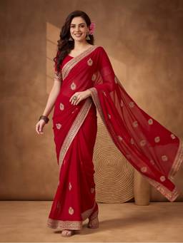 Jaipur Kurti - Red Georgette Embroidered Elegance Saree