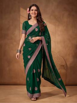 Jaipur Kurti - Green Georgette Embroidered Elegance Saree