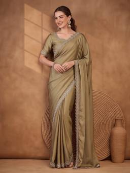 Jaipur Kurti - Green Heavy Satin Chiffon Embroidered Saree