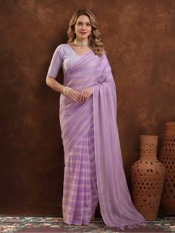 Jaipur Kurti - Women Lavender Vichitra Silk Stripes Printed Saree