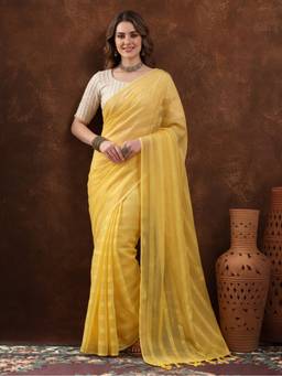 Jaipur Kurti - Women Yellow Vichitra Silk Stripes Printed Saree