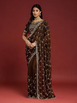 Sareemall - Women'S Satin Brown Embroidered Heavy Work Saree