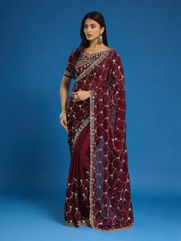 Sareemall - Women'S Satin Maroon Embroidered Heavy Work Saree