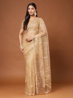 Sareemall - Women'S Net Beige Embroidered Heavy Work Saree