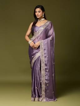 Sareemall - Women'S Chinnon Lavender Embroidered Designer Saree