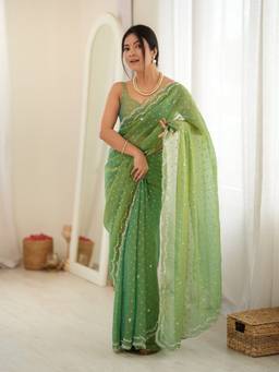 Sareemall - Women'S Georgette Lime Green Embroidered Designer Saree