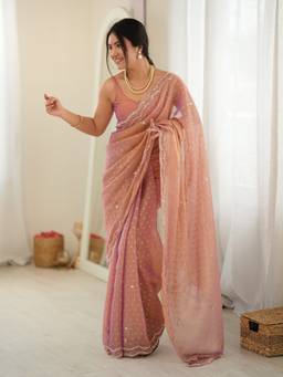 Sareemall - Women'S Georgette Rose Gold Embroidered Designer Saree