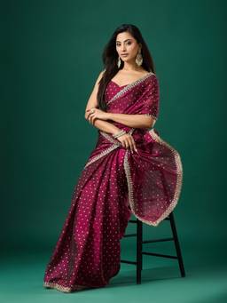 Sareemall - Women'S Georgette Wine Embroidered Designer Saree