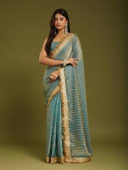 Sareemall - Women's Satin Turquoise Zari & Stone Embroidered Designer Saree