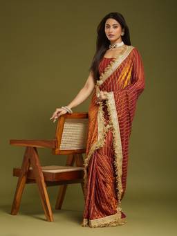 Sareemall - Women's Satin Orange Zari & Stone Embroidered Designer Saree