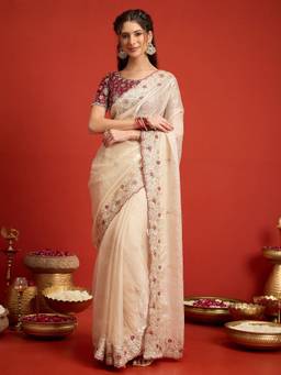 Sareemall - Women's Satin Off White Sequin Embroidered Designer Saree
