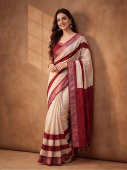 Jaipur Kurti - Women Off White Woven Tasselled Border Saree