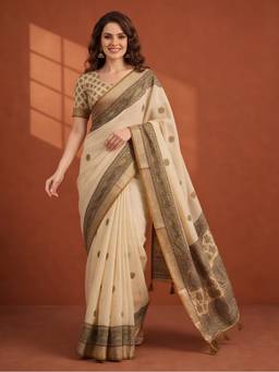 Jaipur Kurti - Women Beige Woven Zari Tasselled Border Saree