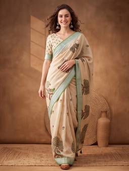 Jaipur Kurti - Women Beige Digital Printed Tasselled Border Saree