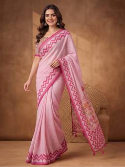 Jaipur Kurti - Women Pink Digital Printed Tasselled Border Saree