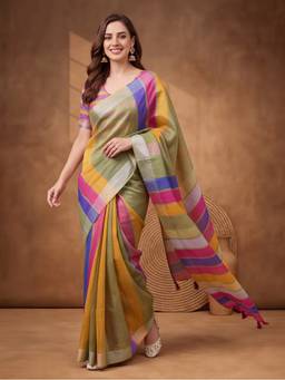 Jaipur Kurti - Women Multi Digital Stripes Printed Tasselled Border Saree