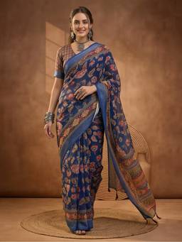 Jaipur Kurti - Navy Blue Linen Cotton Digital Printed Floral Saree
