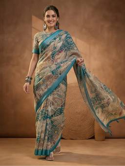 Jaipur Kurti - Teal Linen Cotton Digital Printed Floral Saree