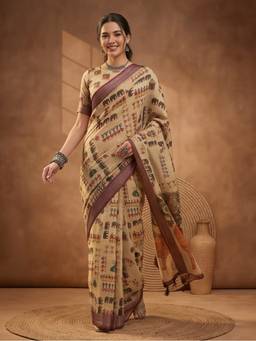 Jaipur Kurti - Beige Linen Cotton Digital Printed Ethnic Motif Saree