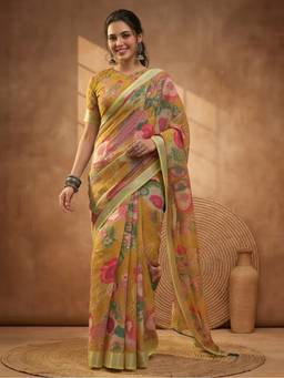 Jaipur Kurti - Mustard Linen Cotton Digital Printed Floral Saree