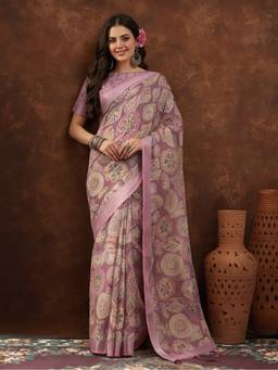 Jaipur Kurti - Pink Linen Cotton Digital Printed Ethnic Motif Saree