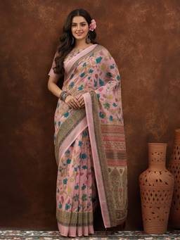 Jaipur Kurti - Pink Linen Cotton Digital Printed Floral Saree