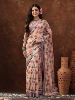 Jaipur Kurti - Beige Linen Cotton Digital Printed Floral Saree