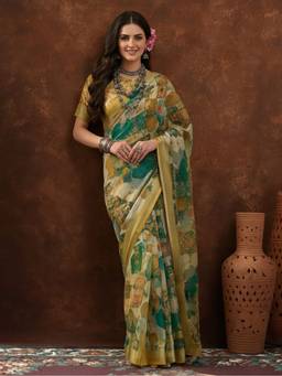 Jaipur Kurti - Multi Linen Cotton Digital Printed Abstract Saree