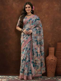 Jaipur Kurti - Grey Linen Cotton Digital Printed Abstract Saree
