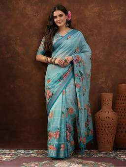 Jaipur Kurti - Blue Linen Cotton Digital Printed Floral Saree
