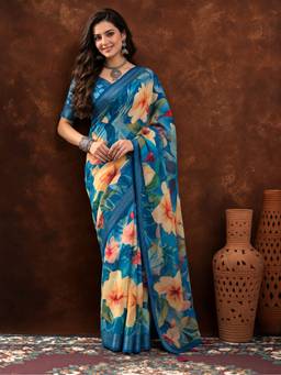 Jaipur Kurti - Blue Linen Cotton Digital Printed Floral Saree