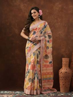 Jaipur Kurti - Cream Linen Cotton Digital Printed Saree