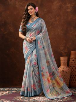 Jaipur Kurti - Blue Linen Cotton Digital Printed Floral Saree