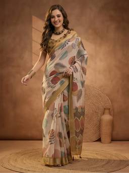 Jaipur Kurti - Beige Linen Cotton Digital Printed Leaf Motif Saree