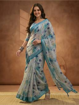 Jaipur Kurti - Blue Linen Cotton Digital Printed Floral Saree
