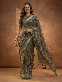 Jaipur Kurti - Olive Green Linen Cotton Digital Printed Floral Saree