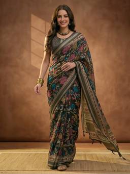 Jaipur Kurti - Green Linen Cotton Digital Printed Floral Saree