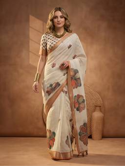 Jaipur Kurti - Off White Linen Cotton Digital Printed Floral Saree