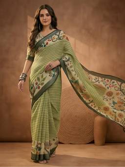 Jaipur Kurti - Green Linen Cotton Digital Printed Floral Saree