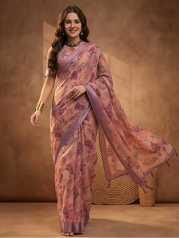Jaipur Kurti - Peach Linen Cotton Digital Printed Stripes Saree