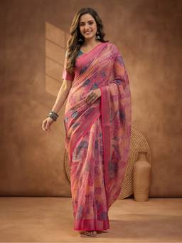 Jaipur Kurti - Pink Linen Cotton Digital Printed Saree