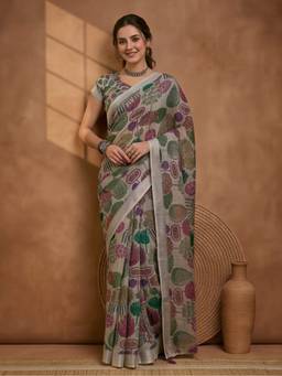 Jaipur Kurti - Grey Linen Cotton Digital Printed Saree