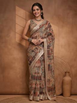 Jaipur Kurti - Multi-Color Linen Cotton Abstract Digital Printed Saree