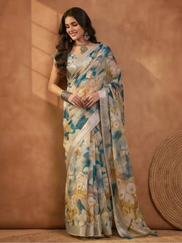 Jaipur Kurti - Mult-Color Linen Cotton Digital Printed Saree