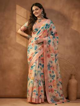 Jaipur Kurti - Peach Linen Cotton Floral Digital Printed Saree