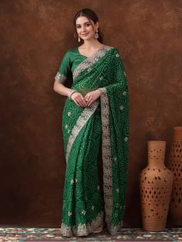 Jaipur Kurti - Green Bandhani Embroidered Saree