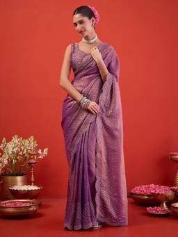 Sareemall - Women's Satin Lavender Embroidered Designer Saree