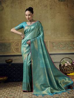 Sareemall - Women's Pure Silk Turquoise Woven Designer Saree