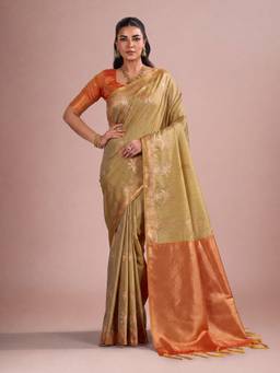 Sareemall - Women's Tussar Silk Beige Woven Designer Saree